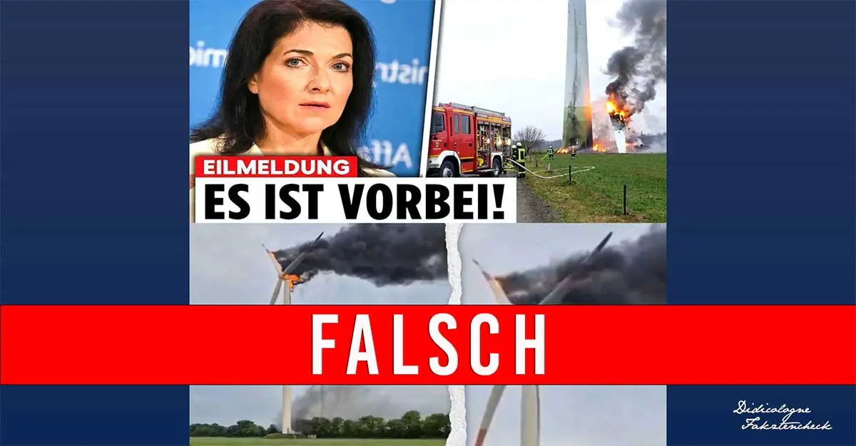 Faktencheck-Collage von Didicologne zur Energiepolitik: Oben links ein Porträt der Wirtschaftsministerin neben der reißerischen Schlagzeile 'EILMELDUNG – ES IST VORBEI!'. Die restliche Bildhälfte zeigt dramatische Aufnahmen brennender Windkraftanlagen mit starker Rauchentwicklung und einem Feuerwehreinsatz. Ein dominanter roter Balken mit der Aufschrift 'FALSCH' entlarvt die emotionale Schlagzeile als Desinformation. Unten rechts befindet sich das Logo 'Didicologne Faktencheck'