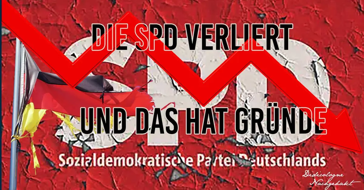 Das Logo der Sozialdemokratischen Partei Deutschlands auf einem rissigen, roten Untergrund, bei dem die Farbe abplatzt. Im Vordergrund eine zerfledderte Deutschlandfahne und ein roter Abwärtspfeil mit dem Text: DIE SPD VERLIERT UND DAS HAT GRÜNDE.