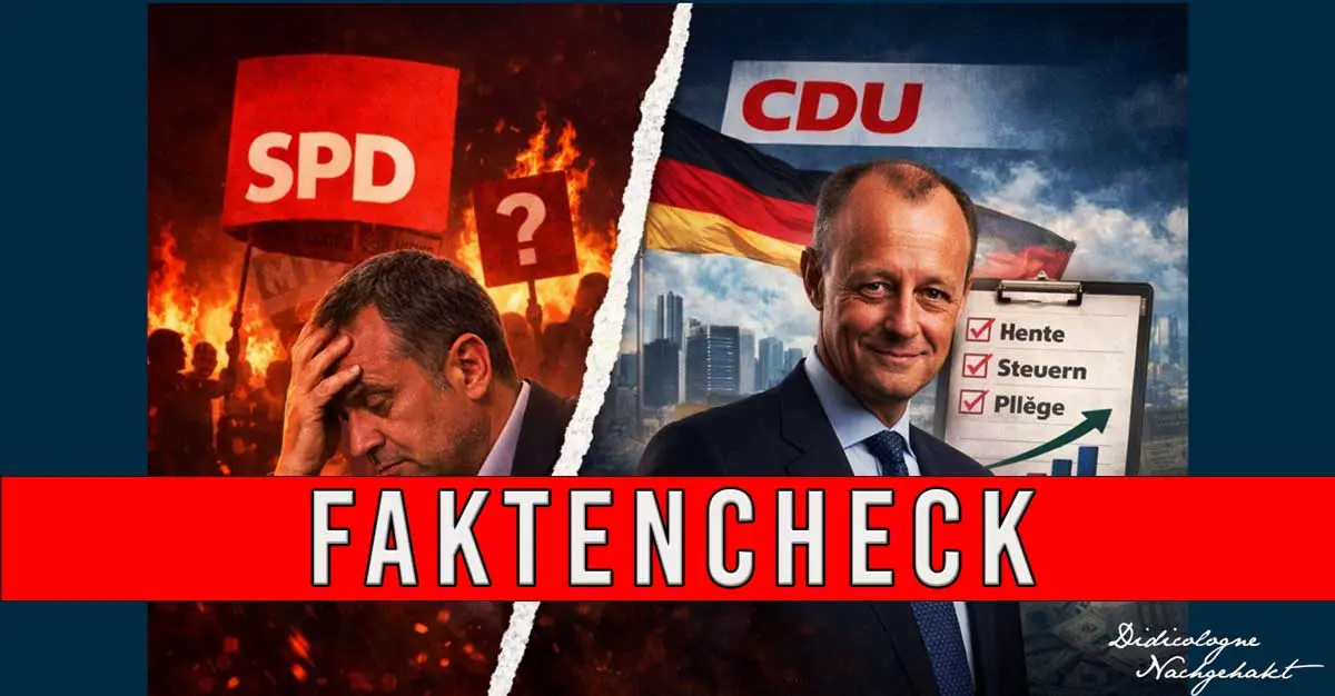 Eine grafische Gegenüberstellung: Links verzweifelte Stimmung mit SPD-Logo und brennendem Hintergrund, rechts Friedrich Merz vor einer Deutschlandfahne mit einer Checkliste zu Steuern und Pflege; im Vordergrund ein roter Balken mit der Aufschrift FAKTENCHECK.
