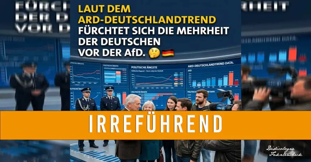 Faktencheck-Grafik zum ARD-Deutschlandtrend: Im Hintergrund ist ein TV-Studio mit Infografiken, Balkendiagrammen und einer Personengruppe (darunter Polizisten und Journalisten) zu sehen. Darüber liegt der gelbe Text: 'Laut dem ARD-Deutschlandtrend fürchtet sich die Mehrheit der Deutschen vor der AfD.' Ein großer orangefarbener Balken mit der weißen Aufschrift 'IRREFÜHREND' markiert die Bildmitte. Unten rechts befindet sich das Logo 'Didicologne Faktencheck'.
