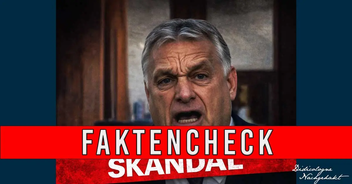 Porträt von Viktor Orbán mit kämpferischem Gesichtsausdruck; im Vordergrund liegt ein breiter roter Balken mit der weißen Aufschrift FAKTENCHECK und darunter das Wort SKANDAL.