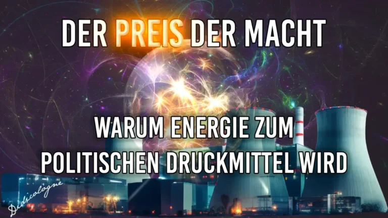 Eine nächtliche Industrieanlage mit großen Kühltürmen, über denen eine hell leuchtende Energiekugel und abstrakte, bunte Lichtstrahlen vor einem Weltraumhintergrund schweben. Der Text im Bild lautet: DER PREIS DER MACHT – WARUM ENERGIE ZUM POLITISCHEN DRUCKMITTEL WIRD.