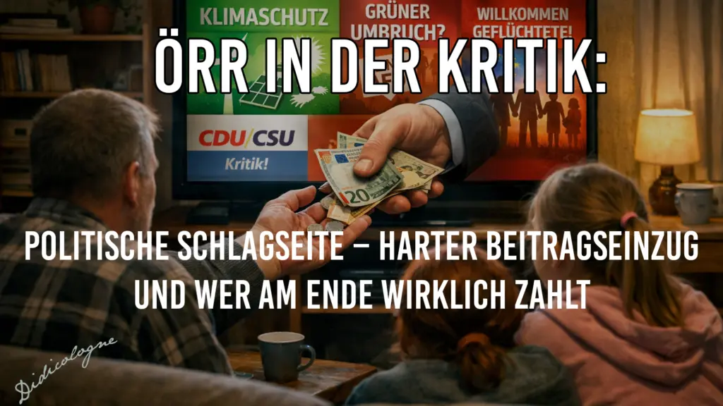 Eine Familie sitzt vor dem Fernseher, auf dem Themen wie Klimaschutz und CDU/CSU-Kritik laufen; aus dem Bildschirm reicht eine Hand, die Bargeld von einer Person entgegennimmt. Der Text lautet: ÖRR IN DER KRITIK: POLITISCHE SCHLAGSEITE – HARTER BEITRAGSEINZUG UND WER AM ENDE WIRKLICH ZAHLT.