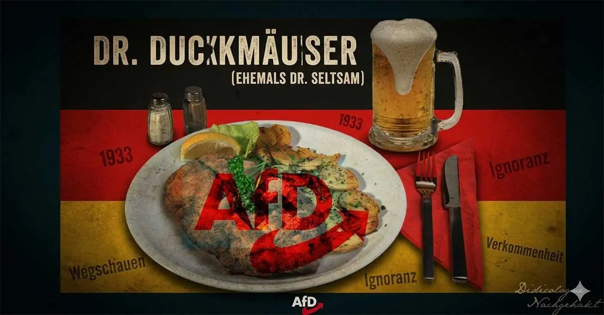 Satirische Illustration zum Thema Zivilcourage: Ein Teller mit einem blutigen Schnitzel, auf dem eine kleine Deutschlandfahne steckt. Im Hintergrund ein Glas Bier und eine düstere, Kneipen-ähnliche Atmosphäre. Eine rote Trendkurve im Bildhintergrund zeigt steil nach unten, was den gesellschaftlichen Verfall symbolisiert.