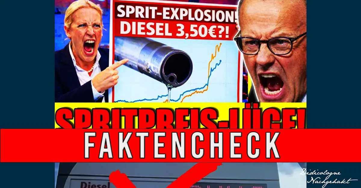 Faktencheck-Grafik zur Desinformation über Spritpreise: Collage zeigt eine überstilisierte Schlagzeile „Sprit-Explosion Diesel 3,50€“ mit einem roten Balken „Faktencheck“ und einem roten Kreuz über einer Tankstellenanzeige.