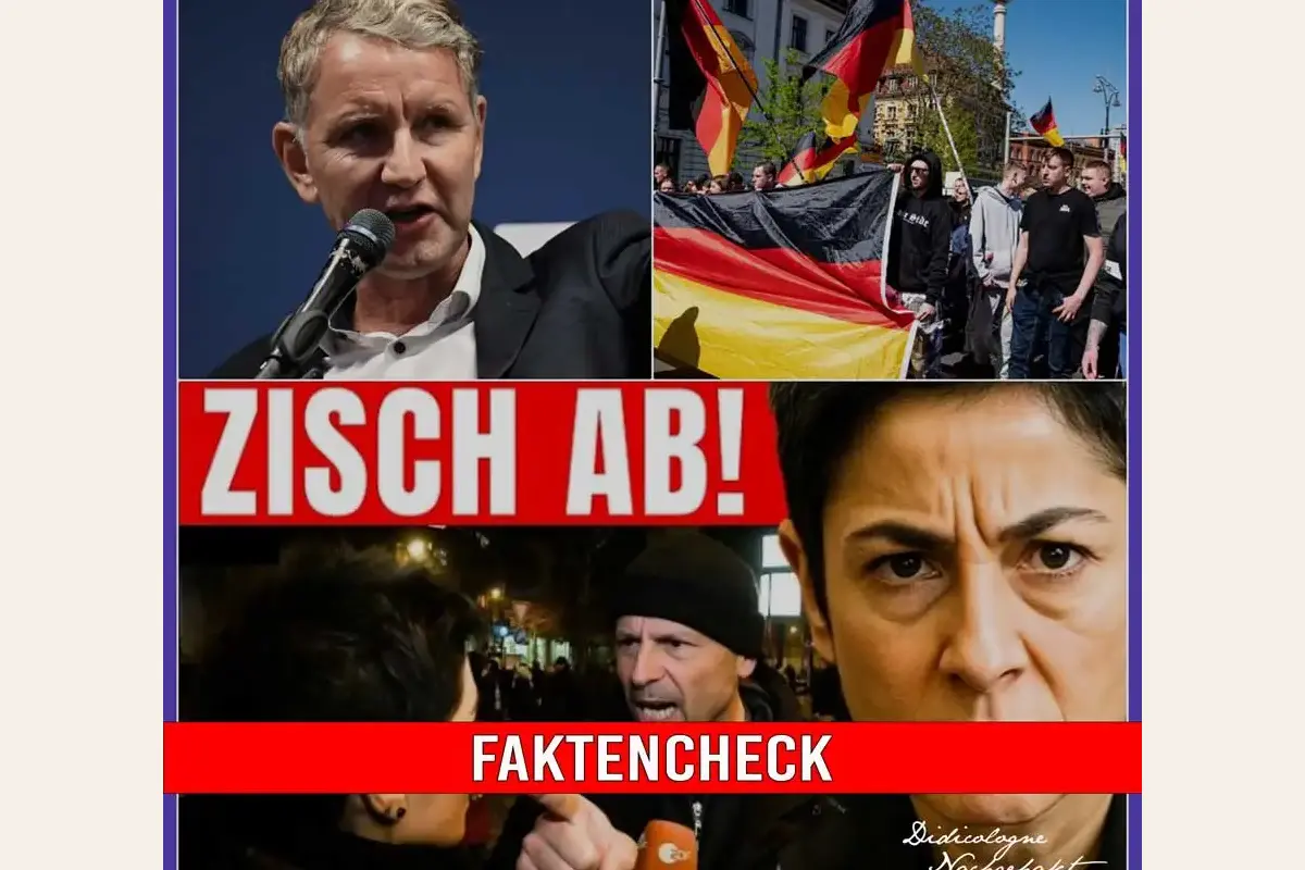 Collage Dunja Hayali AfD-Demo mit rotem Zisch-ab-Banner und Faktencheck-Kennzeichnung didicologne