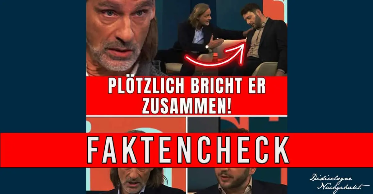Collage zum Faktencheck eines Fake-Videos über Richard David Precht mit der Schlagzeile „Plötzlich bricht er zusammen!“.