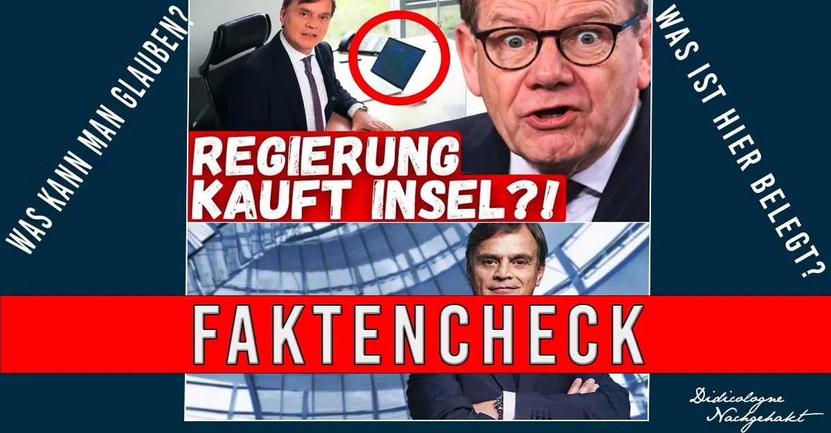 Screenshot zeigt Desinformations-Grafik mit Behauptung Regierung kauft Insel und verschwommenem Dokument