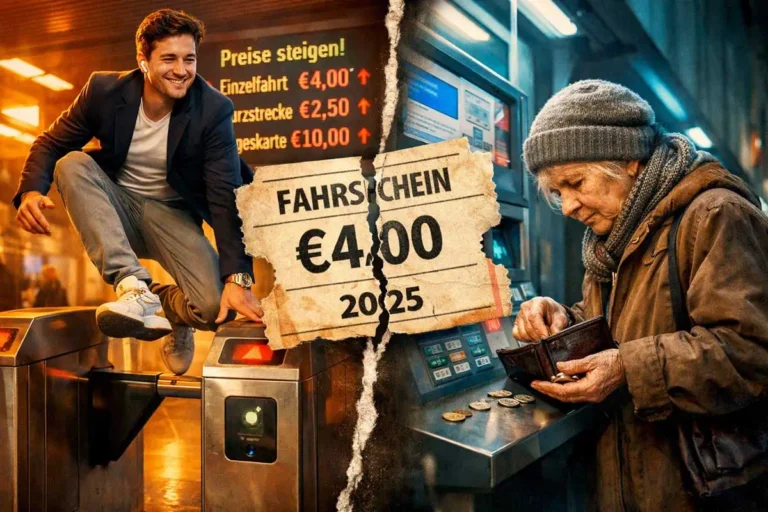 Satirische Fotocollage zur Reform des Paragraf 265a StGB: Junger Mann im Blazer springt grinsend über ein U-Bahn-Drehkreuz, während eine ältere Frau mühsam Münzen für einen Fahrschein zählt. Zerrissener Fahrschein symbolisiert die soziale Kluft zwischen Schwarzfahrern und ehrlichen Fahrgästen.
