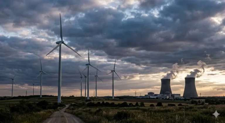 Windräder vor Atomanlage – Symbol für Widersprüche in der Energiepolitik