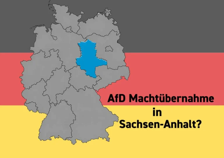 Deutschlandkarte mit blau markiertem Sachsen-Anhalt vor Deutschlandfahne – AfD-Machtübernahme?