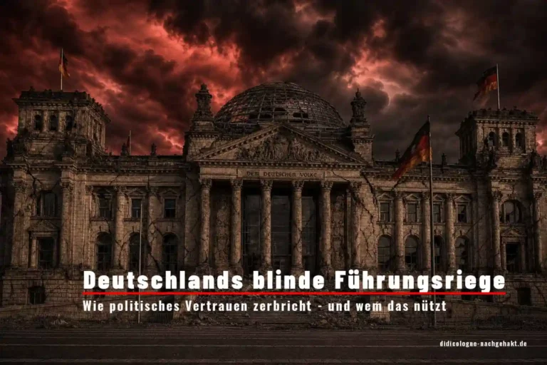 Vertrauen verspiekt? Symbolbild politischer Vertrauensverlust – der Reichstag in Berlin mit rissiger Fassade und dramatisch rotem Himmel, Text-Overlay: Deutschlands blinde Führungsriege