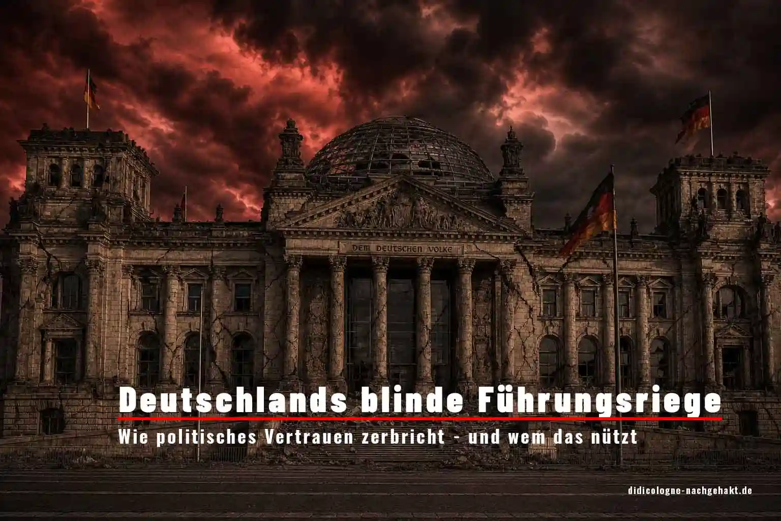 Vertrauen verspiekt? Symbolbild politischer Vertrauensverlust – der Reichstag in Berlin mit rissiger Fassade und dramatisch rotem Himmel, Text-Overlay: Deutschlands blinde Führungsriege