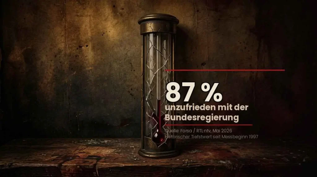 Symbolbild zerbrochenes Vertrauen – antikes Thermometer mit Rissen und der Zahl 87 Prozent unzufrieden mit der Bundesregierung, Quelle Forsa Mai 2026