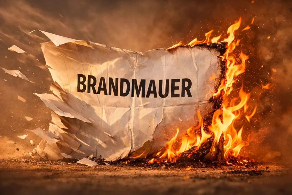 Symbolbild: Brennende Papierwand mit Aufschrift Brandmauer – Metapher für politische Rhetorik