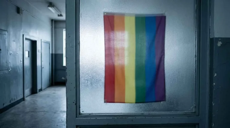 Regenbogenfahne hinter Milchglas in einem verlassenen institutionellen Korridor – Symbol für die gedämpfte Sichtbarkeit queerer Menschen in Deutschland