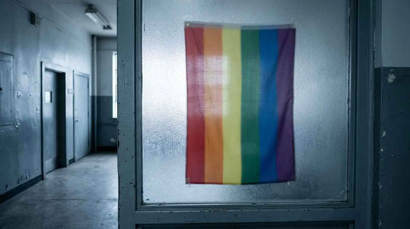 Regenbogenfahne hinter Milchglas in einem verlassenen institutionellen Korridor – Symbol für die gedämpfte Sichtbarkeit queerer Menschen in Deutschland