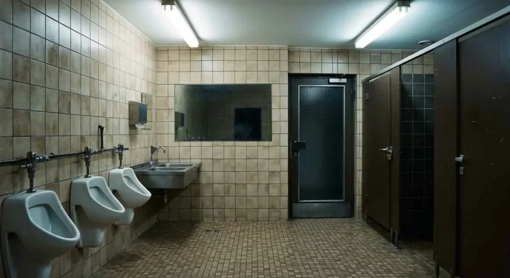 Öffentliche Herrentoilette der 1970er Jahre mit dunklem Spiegel – Symbol für die staatliche Überwachung homosexueller Männer in der Bundesrepublik