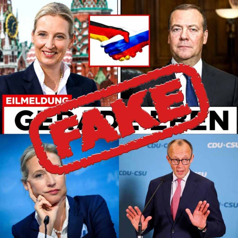 Schockzustand Collage aus Facebook-Post mit Weidel, Merz und Medwedew – roter FAKE-Stempel