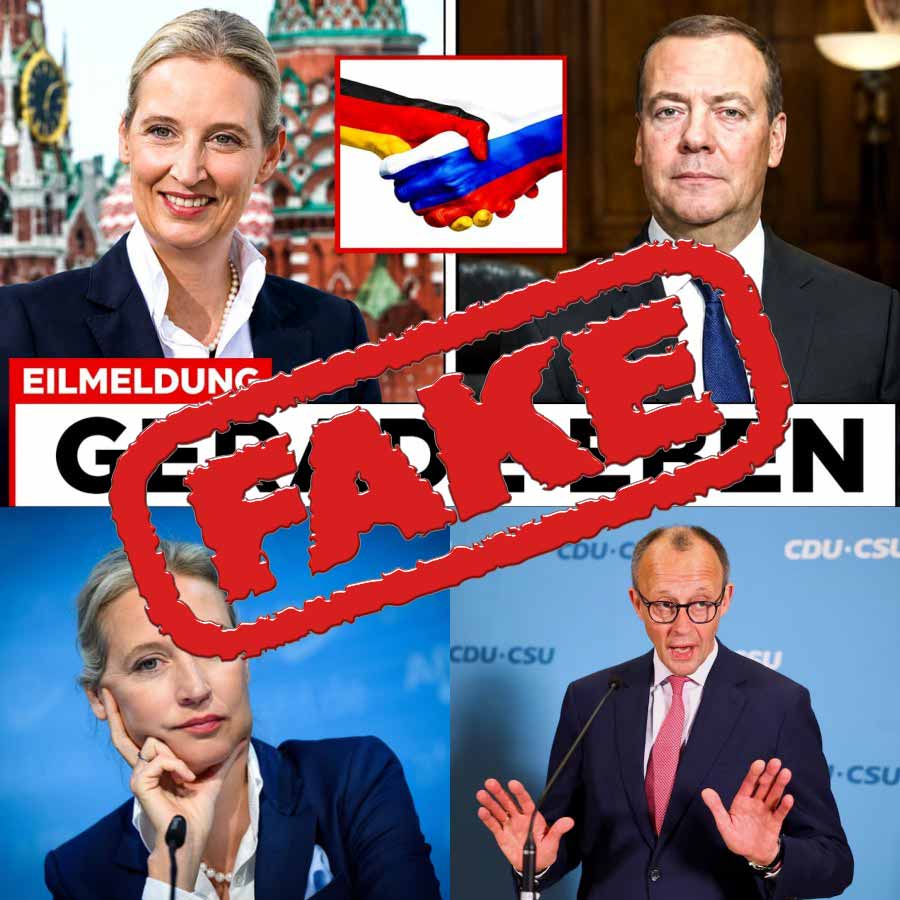 Schockzustand Collage aus Facebook-Post mit Weidel, Merz und Medwedew – roter FAKE-Stempel