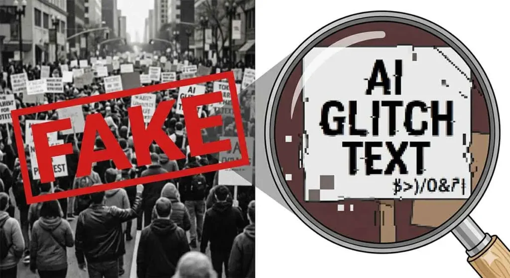 Erklärschema KI-Fake: Links Demonstrationsfoto mit FAKE-Stempel, rechts Lupe zeigt unlesbaren KI-Zeichenbrei auf Protestschild