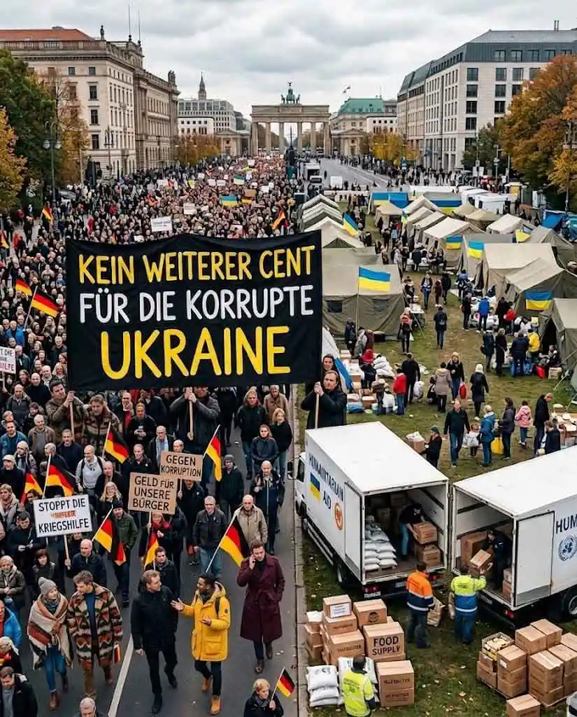 KI-generiertes Fake-Bild einer angeblichen Berlin-Demo gegen Ukraine-Hilfe mit sichtbaren Montage-Fehlern