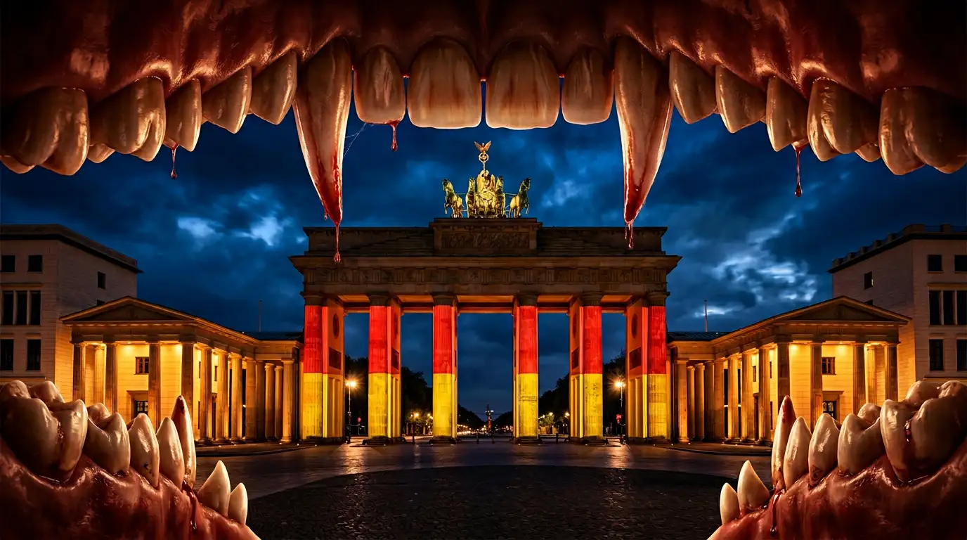 Brandenburger Tor mit Vampirgebiss – Satire zur Gesundheitsreform 2026