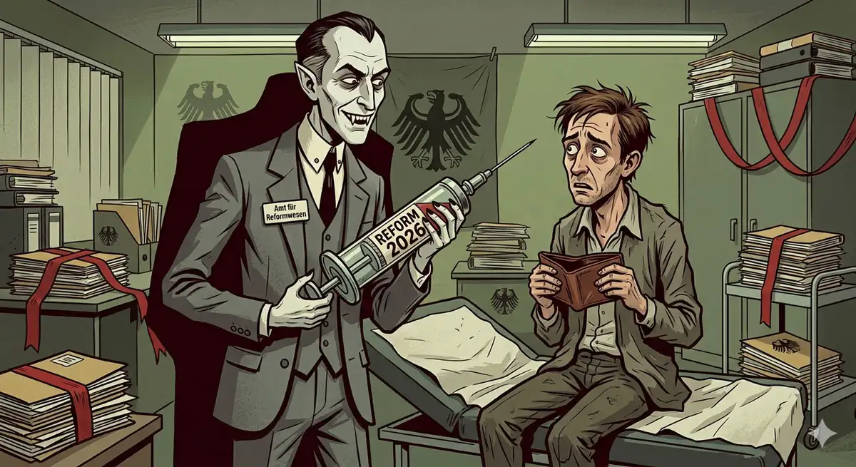 Vampir-Bürokratie: Satirische Illustration zur GKV-Reform 2026