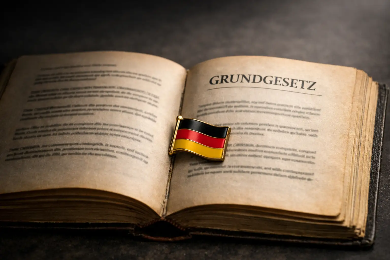 Aufgeschlagenes Grundgesetz mit Deutschlandfahne-Pin – Symbolbild zur AfD-Wahlprogramm-Analyse