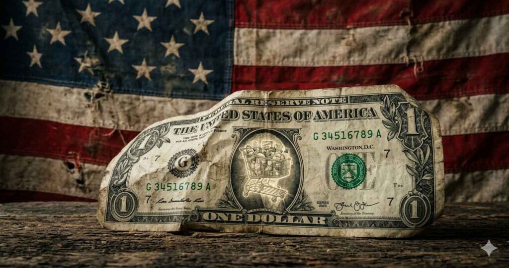 Zerknitterter US-Dollar vor verwitterter amerikanischer Flagge mit Einkaufswagen-Motiv – Symbol für wirtschaftliche Erosion