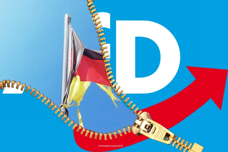 Reißverschluss öffnet AfD-Logo und gibt dahinter eine zerstörte Deutschlandfahne frei – Symbolbild zum AfD-Wahlprogramm