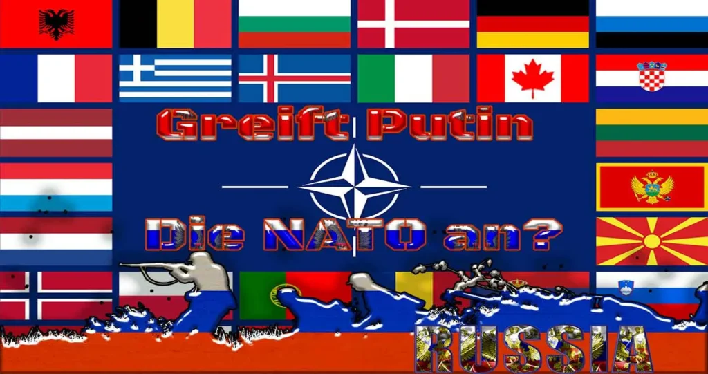 Russland greift NATO an – Symbolbild mit Fahnen der NATO-Mitglieder