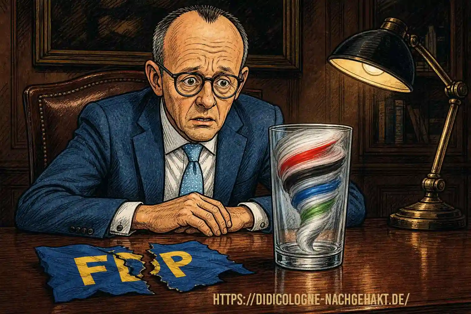 Karikatur: Politiker starrt besorgt auf Wasserglas mit Parteifarben-Strudel und zerrissener FDP-Fahne