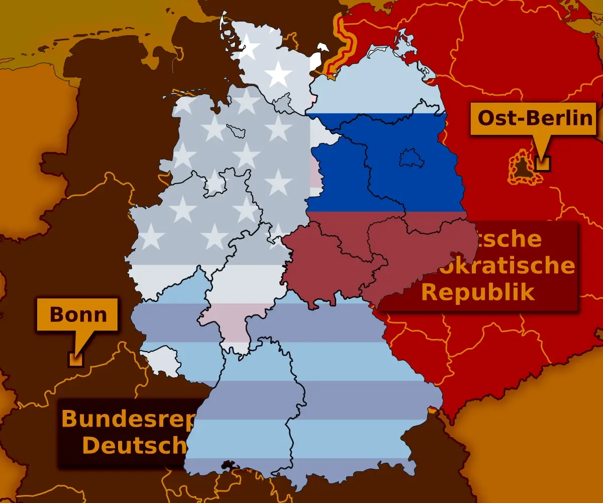 Deutschland geteilt – US-Flagge über dem Westen, Russland-Flagge über dem Osten. Höckes Weltbild visualisiert.