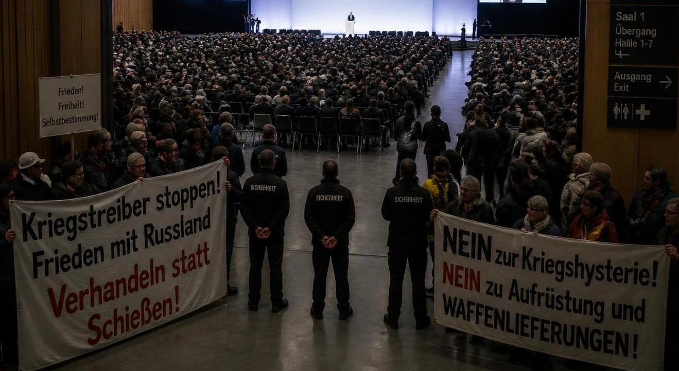 KI-generiertes Bild: Innenraum einer Messehalle beim AfD-Bundesparteitag 2026 in Erfurt