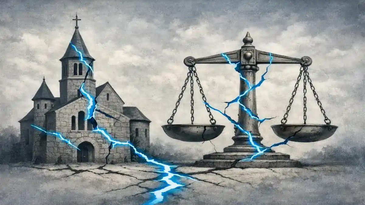 Symbolbild Kirche und Waage als Sinnbild für Religionsfreiheit und Gleichheitsgrundsatz