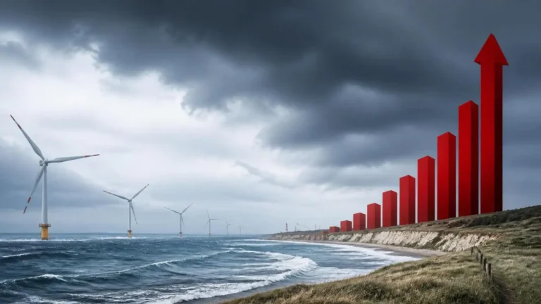 KI-Illustration: Steigender roter Balken an der Ostseekueste mit Offshore-Windraeder — Symbol fuer AfD-Rekordwerte in MV 2026