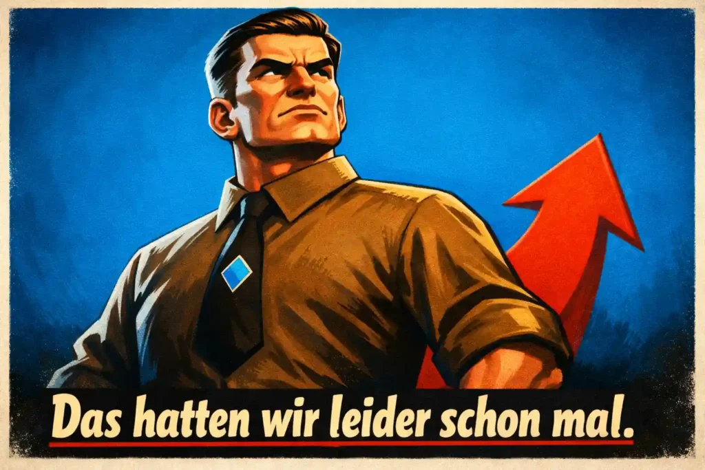 Karikatur im Stil eines Propagandaplakats – blaues AfD-Plakat im Hintergrund, roter Pfeil unten rechts, Schrift: „Das hatten wir leider schon mal."