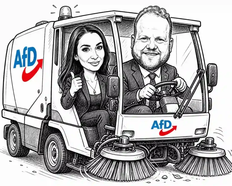 Karikatur: Enxhi Seli-Zacharias (AfD-MdL) und Norbert Emmerich (AfD, stellv. Bürgermeister Gelsenkirchen) auf einer AfD-Kehrmaschine