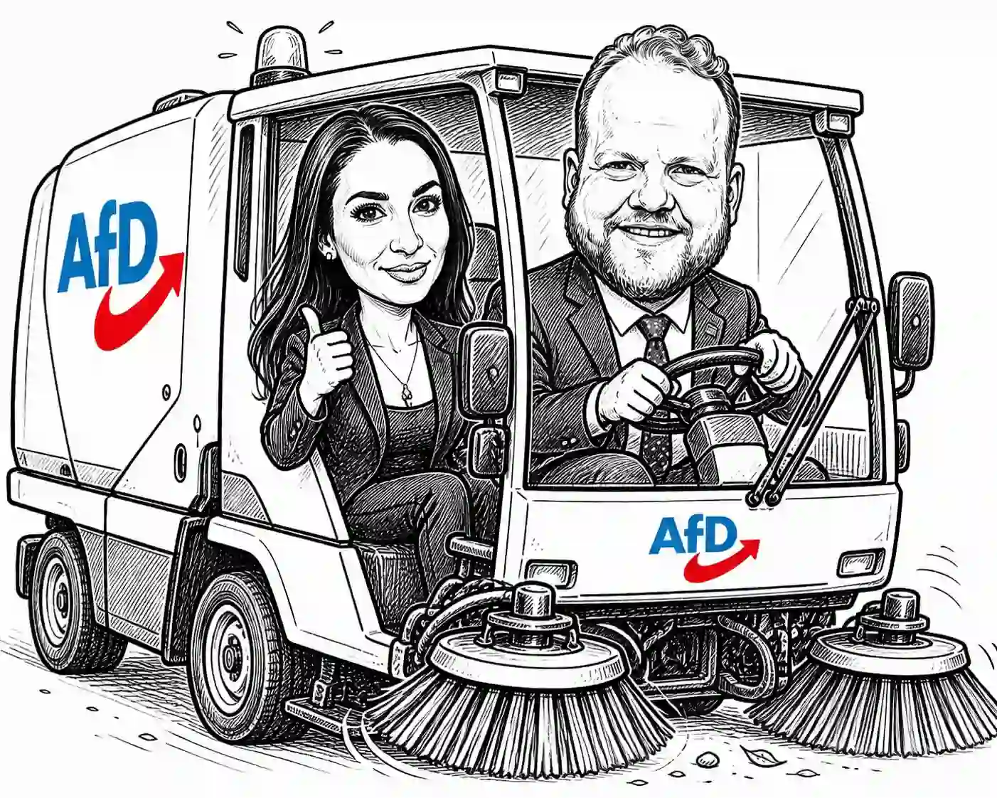 Karikatur: Enxhi Seli-Zacharias (AfD-MdL) und Norbert Emmerich (AfD, stellv. Bürgermeister Gelsenkirchen) auf einer AfD-Kehrmaschine