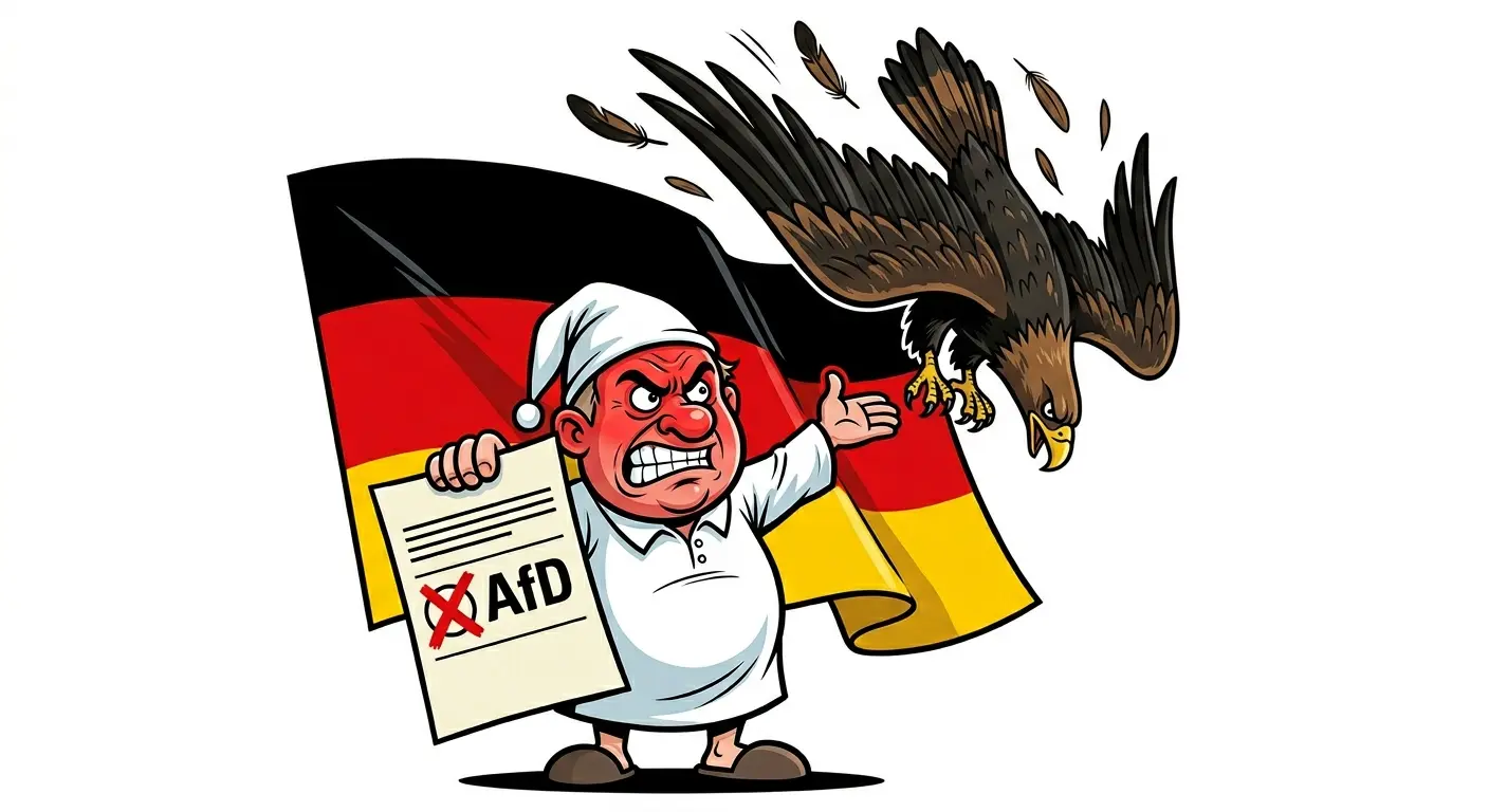 Karikatur Deutscher Michel mit Wahlzettel AfD, stürzender Bundesadler, Deutschlandfahne