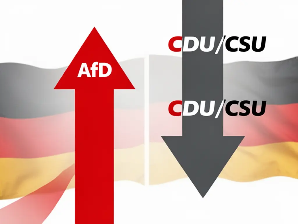 Roter Pfeil AfD steigt, grauer Pfeil CDU/CSU fällt – Infografik Umfrageverlauf Juni 2026