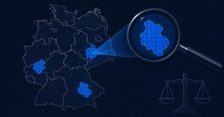 Stilisierte Deutschlandkarte mit Lupe über hervorgehobenen Regionen, Symbolbild Verfassungsschutz-Beobachtung