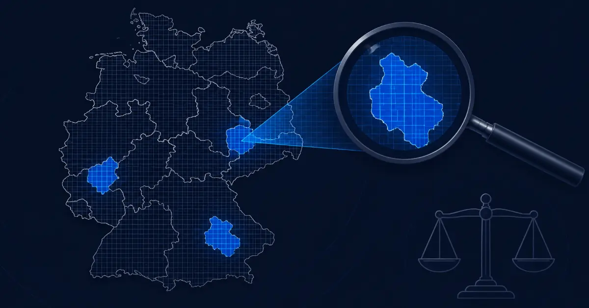 Stilisierte Deutschlandkarte mit Lupe über hervorgehobenen Regionen, Symbolbild Verfassungsschutz-Beobachtung