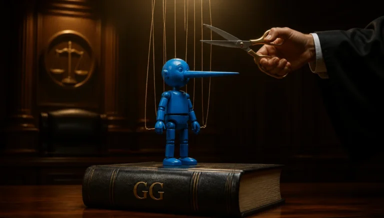 Blaue Pinocchio-Marionette auf Grundgesetz-Buch, Arm mit Schere, Justitia-Waage im Hintergrund