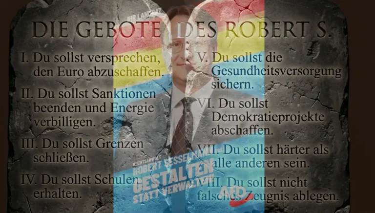 Steintafeln mit gebrochenen Wahlversprechen über AfD-Wahlplakat Sesselmann