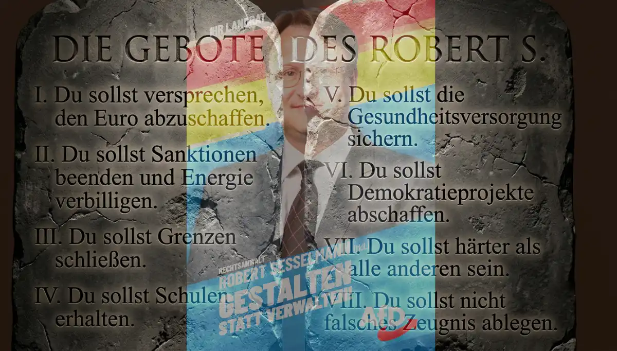 Steintafeln mit gebrochenen Wahlversprechen über AfD-Wahlplakat Sesselmann