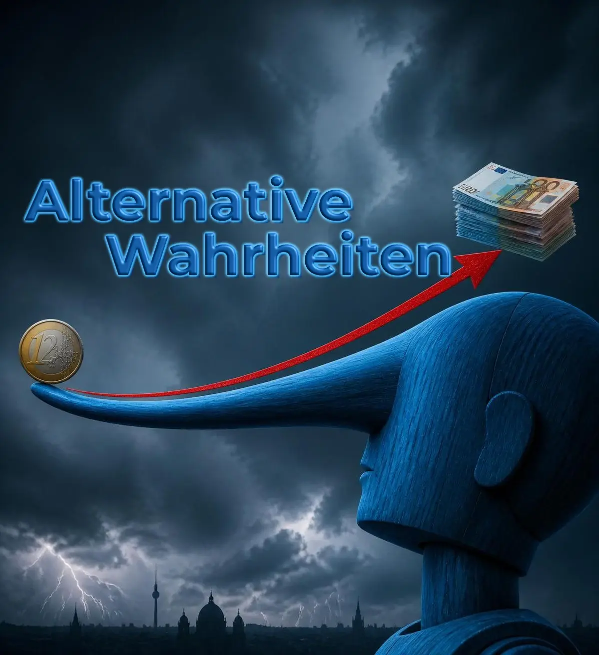 Stilisierte blaue Holzfigur mit überlanger Nase vor stürmischem Himmel über einer Stadtsilhouette, Symbolbild zum Renten-Vergleich; auf der Nasenspitze liegt eine 1-Euro-Münze mit der Zahl 12, ein roter Pfeil führt von dort zu einem Stapel Geldscheine, darüber der Schriftzug "Alternative Wahrheiten"