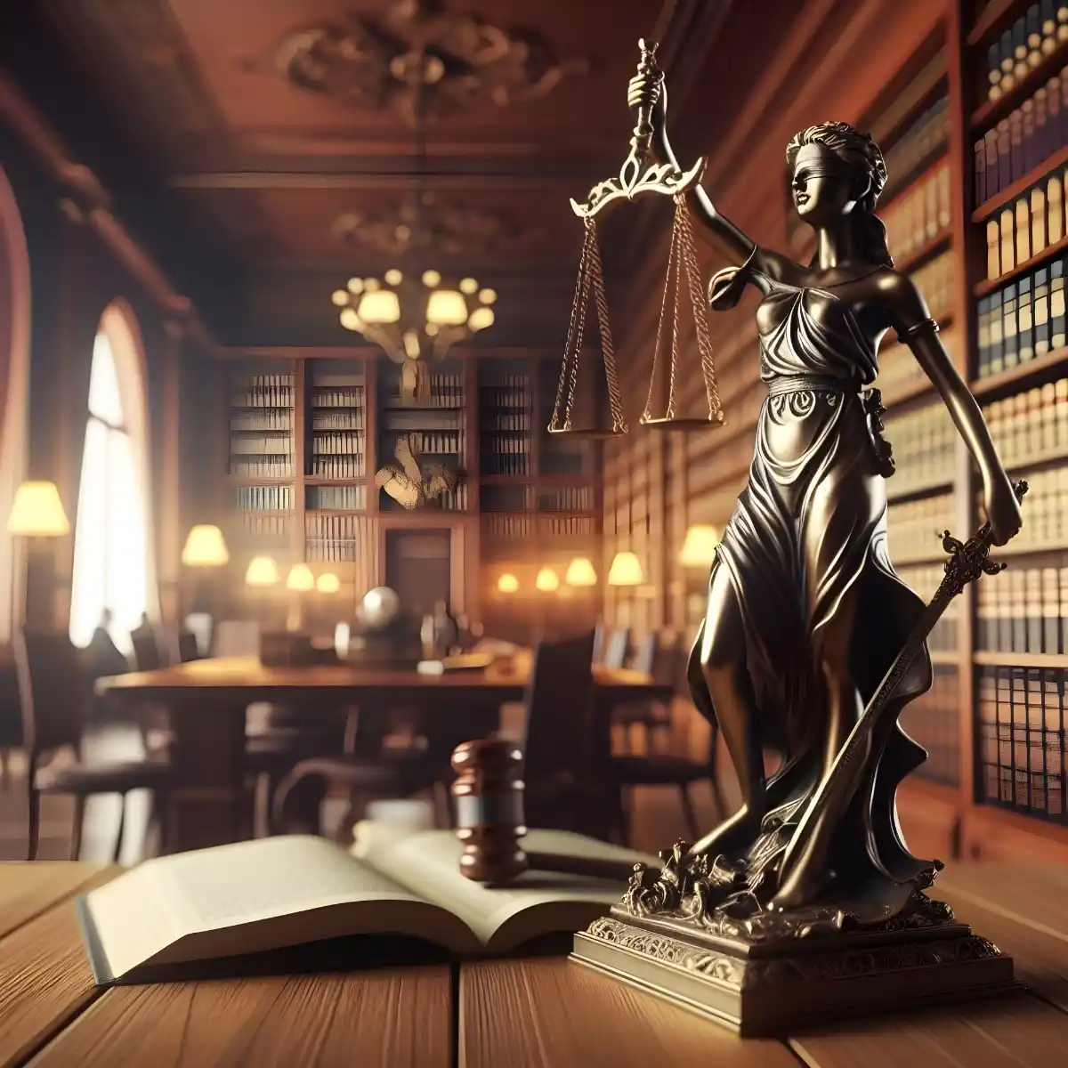 Justitia-Statue mit Waage und Schwert vor Gesetzbüchern – Symbol für das Beamtenrecht in Deutschland