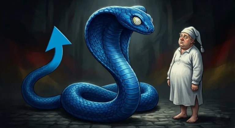 Eine blaue Cobra mit erhobenem Kopf fixiert hypnotisch den deutschen Michel – der AfD-Pfeil als Schwanzspitze`